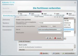 Abbildung 8: Im freien Bereich auf der Platte legen Sie eine Swap- und eine Datenpartition für Kubuntu an.