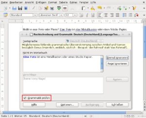 Abbildung 8: Die LibreOffice-Erweiterung rüstet den von Microsoft Word her bekannten Grammatik-Check nach. Perfekte Sprachkompetenz darf man dabei nicht erwarten, doch falsche Adjektivendungen findet die Software in vielen Fällen.
