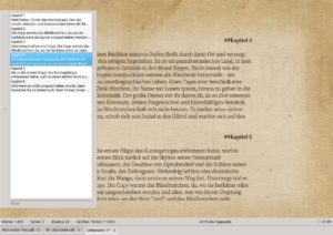 Abbildung 2: Über die Szenenansicht können Sie einzelne Textabschnitte aufrufen und verschieben. Statistiken und geöffnete Dokumente werden am unteren Rand angezeigt.