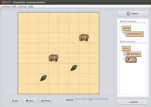 Abbildung 4: Das Hauptfenster von Greenfoot zeigt hier ein Spielfeld mit zwei Objekten vom Typ <code srcset=
