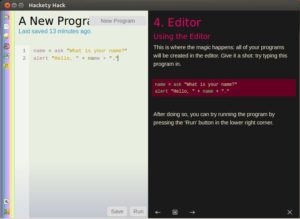 Abbildung 5: Hackety Hack besteht lediglich aus einem Hilfe-Fenster mit einem Editor. Letzterer hebt die einzelnen Bestandteile des Codes immerhin farbig hervor.