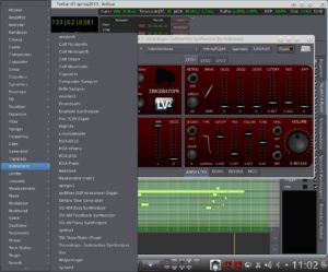 Abbildung 6: Unter Ubuntu mit der KXStudio-Erweiterung zeigt Ardour eine beachtliche Liste von Instrumenten-Plugins. Der Synth Triceratops (rechts) gehört zu den unbedingt empfehlenswerten Exemplaren.