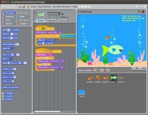 Abbildung 8: Die Benutzeroberfläche von Scratch ist einfach und bonbonbunt. Letzteres soll nicht nur Kinder ansprechen: Jeder Block trägt je nach seiner Aufgabe eine andere Farbe, wodurch man die Abläufe schneller erfasst.