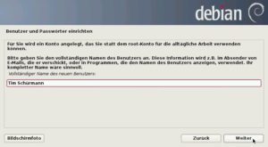 Abbildung 3: Der Installationsassistent fragt Namen, Benutzernamen und Passwort umständlich in drei aufeinander folgenden Dialogen ab.