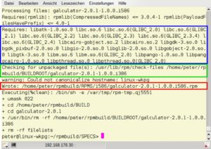 Abbildung 4: Treffer! Rpmbuild hat ein Paket für Galculator 2.0.1 gebaut (rot) und die Abhängigkeiten dabei automatisch berechnet (blau). Auch der Check auf in <code srcset=
