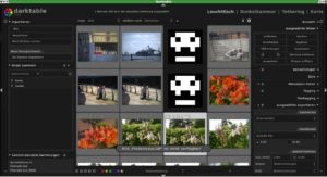 Abbildung 1: Auf dem Leuchttisch lassen sich Bilder zur Bearbeitung auswählen, mit Stichwörtern versehen und vieles andere mehr. Zwischenzeitlich gelöschte Bilder kennzeichnet Darktable mit dem Totenkopf und zeigt eine Warnung (unten, Bildmitte) an.