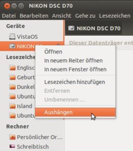 Abbildung 1: Das Kontextmenü der Kameraspeicherkarte ermöglicht das Aushängen der Karte. Damit bekommt Gphoto 2 exklusiven Zugriff auf die Kamera.