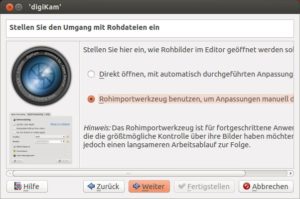 Abbildung 1: Der Installationsassistent weist eine ganze Reihe von Schritten auf, in denen Sie das grundsätzliche Verhalten von Digikam festlegen – unter anderem auch den Umgang mit RAW-Fotos.