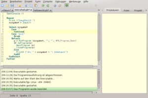 Abbildung 1: Das Programmfenster von PureBasic ist dreigeteilt; links oben geben Sie Ihren BASIC-Code ein.