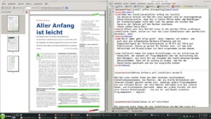 Abbildung 2: Unser LaTeX-Projekt war schon recht weit fortgeschritten: Rechts die Eingabedatei im LaTeX-Format, links die damit erzeugte PDF-Datei. Das damalige EasyLinux-Layout war schon recht gut umgesetzt.