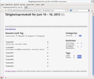 Abbildung 7: Die Webseite mit dem Hamster-Bericht selbst stellt Umlaute korrekt dar; das Exportieren der Tätigkeiten aus der Datenbank funktioniert allerdings nicht.