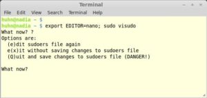 Abbildung 7: Das Programm "visudo" zum Bearbeiten der "sudo"-Einstellungen überprüft die Konfigurationsdatei auf Fehler.