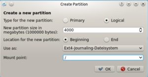 Abbildung 8: Beim Anlegen einer neuen Partition wählen Sie Größe, Dateisystem und Moint Point aus.