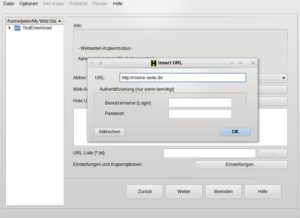 Abb. #: Für den Download einer ganzen Website benötigt HTTraQt nur eine Start-URL. Alle zugehörigen Seiten findet das Programm selbständig über die Links auf den Seiten.