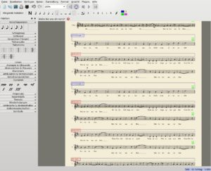 Abbildung #: Mit seinen einklappbaren Paletten am linken Fensterrand macht es das Notensatzprogramm Musescore jedem Recht: Fans alter Musik halten die vielen im 17. Jahrhundert üblichen Verzierungszeichen griffbereit, der Heavy-Metal-Freak stattdessen Schlagzeugnotation.