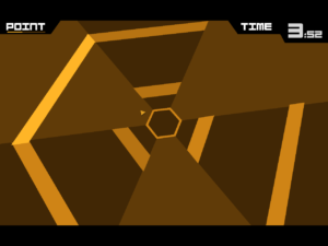 Super Hexagon: Das kleine Dreieck in der Mitte muss man zu den Lücken in den heranfliegenden Sechsecken drehen.