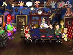 Abbildung 1: Um eine Aktion auszulösen, wählen Sie zunächst das passende Symbol am oberen Bildschirmrand und klicken dann den Gegenstand an. Einige Personen im Spiel sind übrigens Unterstützer aus der Kickstarter-Aktion.
