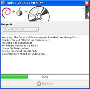 Abbildung 4: Zum Installieren von Tails auf den USB-Stick genügt das Auswählen des Gerätes.