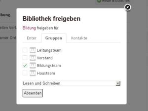 Abbildung 6: Beliebige Bibliothek geben Sie mit nur einem Mausklick allen Mitgliedern einer Gruppe frei.