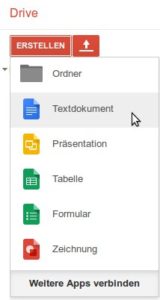 Abbildung 1: Text, Präsentation, Tabellenkalkulation, mathematischer Formelsatz und Zeichnungen – Sie haben die Auswahl, was für einen Typ von Dokument Sie in Google Drive anlegen möchten.