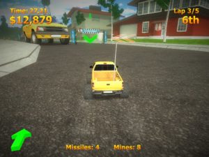 Abbildung 10: In RC Mini Racers gilt es, diese Checkpoints zwingend in der richtigen Reihenfolge zu durchfahren. Den Weg zum nächsten Punkt zeigt der grüne Pfeil links unten an.
