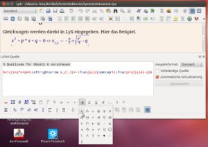 Abbildung 2: Der Formeleditor von LyX arbeitet fast ausschließlich nach dem WYSIWIG-Konzept. Auf Wunsch zeigt die Software aber den LaTeX-Quelltext.
