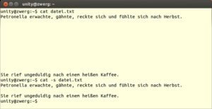 Abbildung 1: Über den Befehl "cat -s" verwandeln Sie viele leere Zeilen einer Datei in eine einzige.