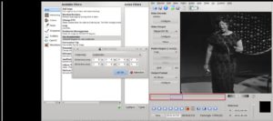 Abbildung 1: Im Einspur-Editor Avidemux wählen Sie über den Zeit-Schieberegler (rot) einen Bereich im Video aus (blauer Rahmen) und löschen ihn oder wenden einen der zahlreichen Effekte auf ihn an (links).