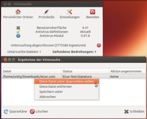 Abbildung 2: ClamTk hat den EICAR-Testvirus erkannt und bietet über das Kontextmenü verschiedene Aktionen für die infizierte Datei an.