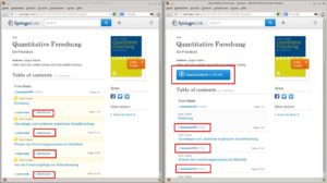 Abbildung 2: Vorher/nachher: Reguläre Zugriffe auf den Volltext eines Buchs blockt der Springer-Server ab (links). Wer aber aus dem Hochschulnetz zugreift – z. B. über den SOCKS-Proxy –, der darf den Download starten.