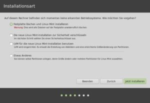 Abbildung 2: Hier empfiehlt der Mint-Installer, die ganze Platte zu löschen – prüfen Sie an dieser Stelle auf jeden Fall den Partitionierungsvorschlag.