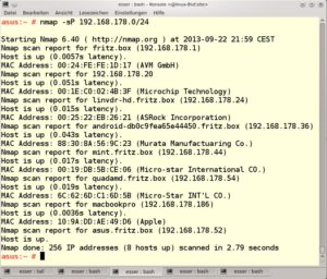 Abbildung 2: "nmap" zeigt an, welche Rechner im lokalen Netz laufen.