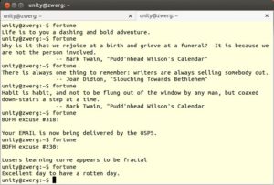 Abbildung 3: Der Befehl "fortune" schreibt einen flotten Spruch ins Terminal und sucht dabei etwas aus den Paketen in "/usr/share/games/fortunes" aus.