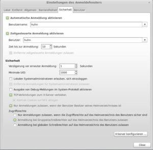 Abbildung 3: Für den Display Manager MDM gibt es ein grafisches Konfigurationstool namens "mdmsetup". Auf dem Tab "Sicherheit" (de)aktivieren Sie die automatische Anmeldung.