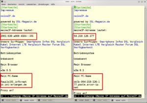 Abbildung 4: Die Webseite "meineip.de" verrät die IP-Adresse – links wurde die Seite über "tsocks w3m" aufgerufen, rechts über "w3m" ohne den SOCKS-Server. Der als Proxy verwendete Hochschulrechner (links) nutzt eine IPv6-Adresse.