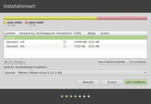 Abbildung 4: Vor der Installation sind nur die Partitionen von anderen, bereits installierten Betriebssystemen vorhanden – in diesem Beispiel zwei NTFS-Partitionen einer Windows-Installation.