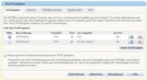 Abbildung 5: Über "Freigaben" leitet die Fritzbox Anfragen aus dem Internet zum hier angegebenen PC weiter.