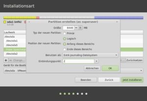 Abbildung 6: Die Partition für das Wurzelverzeichnis der Mint-Installation sollte mindestens 8 GByte groß sein; mehr ist besser.