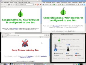 Abbildung 6: Iceweasel (Firefox) und Konqueror nutzen in dieser Abbildung Tor; für Chromium ist der Proxy deaktiviert.