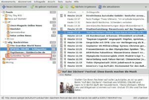 Abbildung 5: Der News-Reader Liferea lenkt nicht mit überflüssigen Funktionen vom Wesentlichen ab. Mit seinen leistungsfähigen Suchordnern (rot markiert) unterstützt es den Anwender dennoch nach Kräften bei der Orientierung im Informationsdschungel.