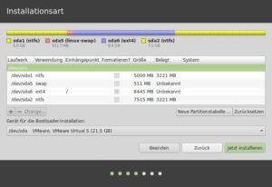 Abbildung 7: So soll das Ergebnis der Partitionierung aussehen: Es gibt zwei neue Partitionen für Linux Mint, im Beispiel "sda5" und "sda6".