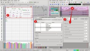 Abbildung 6: Alles an Bord: Der Sequencer Qtractor bindet den Synthesizer Fluidsynth (2) als Plug-in ein und wendet auf die von ihm erzeugten Klänge auch gleich Effekte an (3). Alle Parameter des Effekt-Plug-ins können Sie im zeitlichen Verlauf über Effektkurven variieren (4).