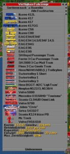 Abbildung 8: Fahrzeuge in der Übersicht unter anderem mit »Ikarus Set«, »Trolleybus Set« und »Long Road Vehicles«.