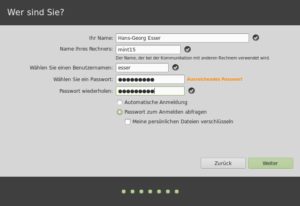 Abbildung 9: Am Schluss wird der Installer persönlich: Geben Sie Ihren Namen, einen Rechnernamen und einen Benutzernamen sowie zweimal ein Passwort ein.