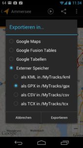 Abbildung 1: Die Exportfunktion der Android-App "Meine Tracks" bietet auch das zu Mytourbook kompatible Ausgabeformat GPX.