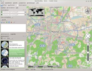 Abbildung 3: Marble projiziert die "platte" Straßenkarte von OpenStreetMap auf den Globus, was wiederum zu verzerrten beziehungsweise verwaschenen Texten führt.