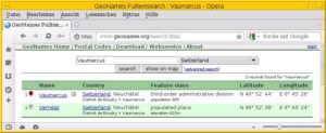 Abbildung 3: Volltextsuche nach Ortsnamen über den Webbrowser via Geonames.org.