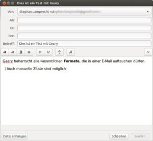Abbildung 4: Der Editor von Geary gibt sich schlicht und funktional. Lediglich ein Handling von Signaturen wäre noch wünschenswert.