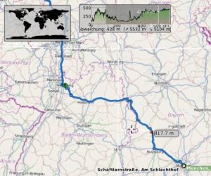 Abbildung 8: Die im Höhenprofil markierte Stelle liegt hier gut 400 Meter über dem Meeresspiegel. Der gerade auf der Karte sichtbare Teil der Route ist im Höhenprofil dunkelgrau hinterlegt.