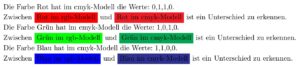 Abbildung 2: Die im RGB-Modell vordefinierten Farben Rot, Grün und Blau erscheinen im CMYK-Modell deutlich unterschiedlich.